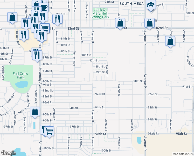 map of restaurants, bars, coffee shops, grocery stores, and more near 8906 Temple Avenue in Lubbock
