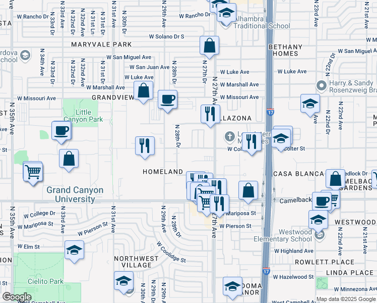 map of restaurants, bars, coffee shops, grocery stores, and more near 2737 West Colter Street in Phoenix
