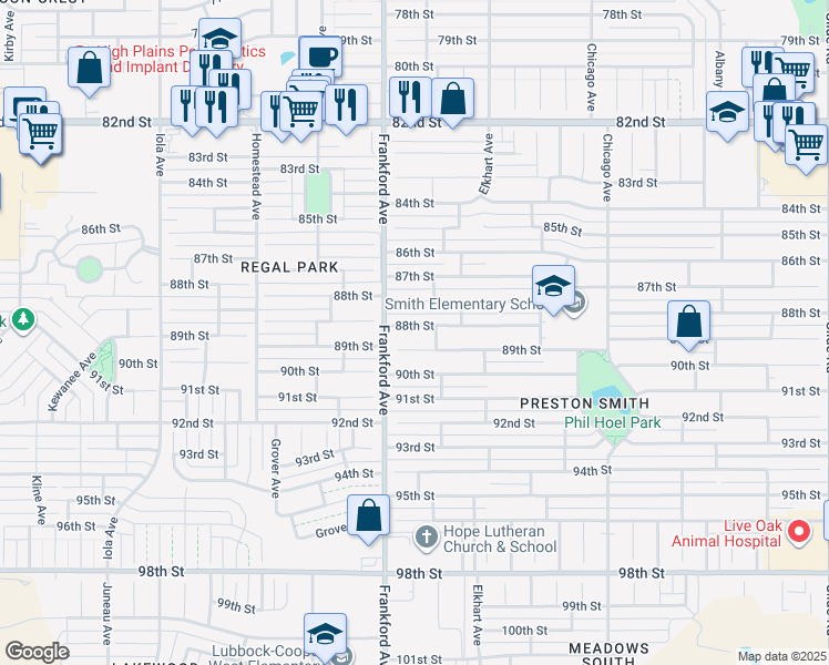 map of restaurants, bars, coffee shops, grocery stores, and more near 5717 88th Street in Lubbock