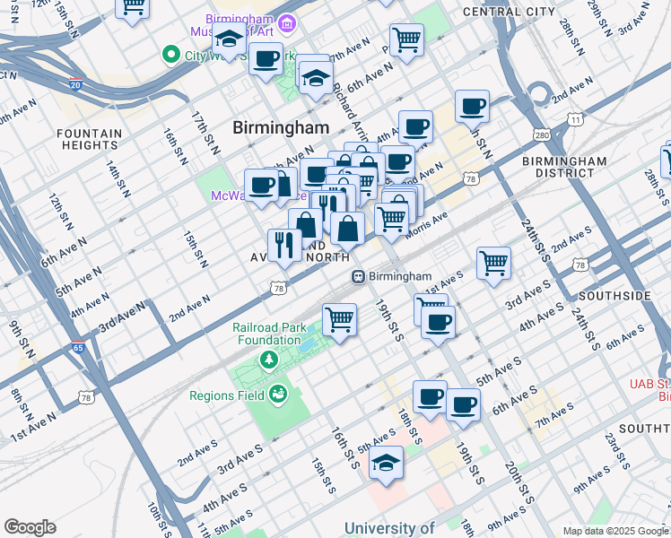 map of restaurants, bars, coffee shops, grocery stores, and more near 1809 1st Avenue North in Birmingham