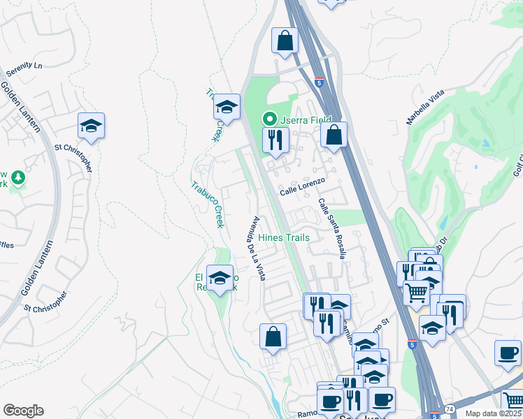 map of restaurants, bars, coffee shops, grocery stores, and more near 30972 Calle San Diego in San Juan Capistrano