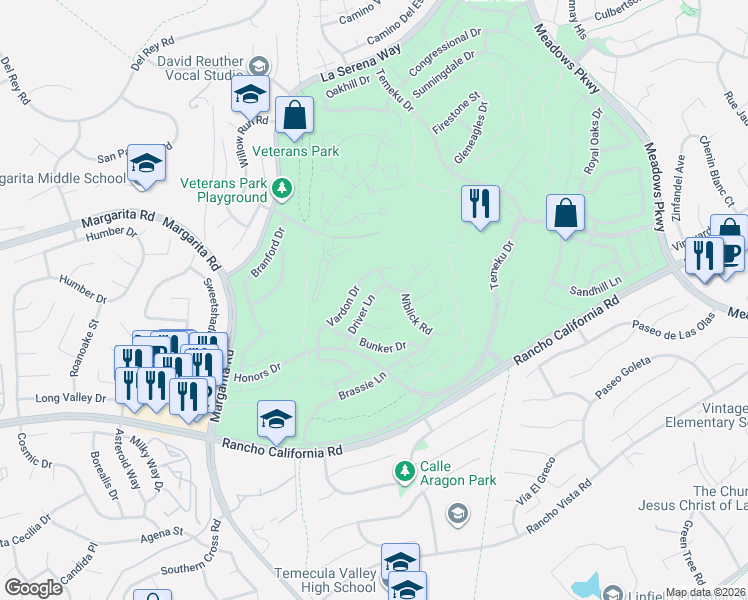 map of restaurants, bars, coffee shops, grocery stores, and more near 30970 Eagle Court in Temecula