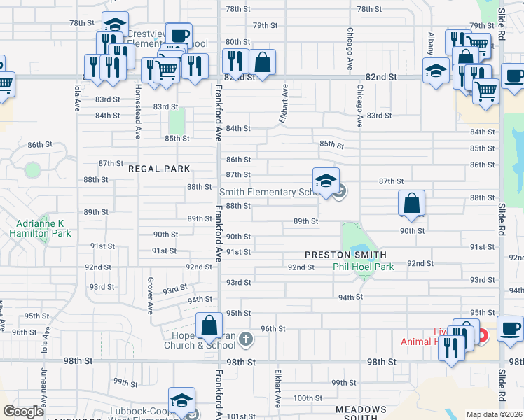 map of restaurants, bars, coffee shops, grocery stores, and more near 5703 88th Street in Lubbock