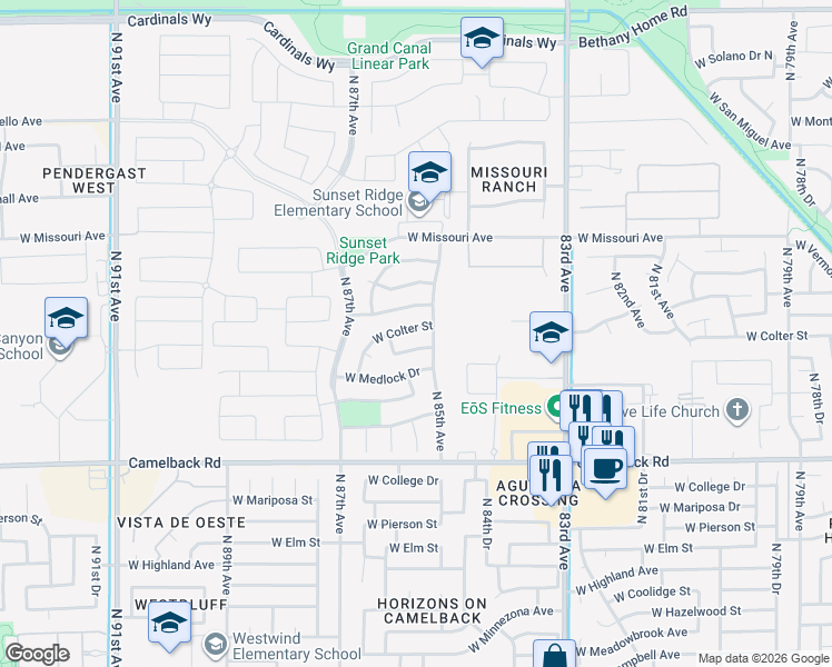 map of restaurants, bars, coffee shops, grocery stores, and more near 8515 West Colter Street in Glendale