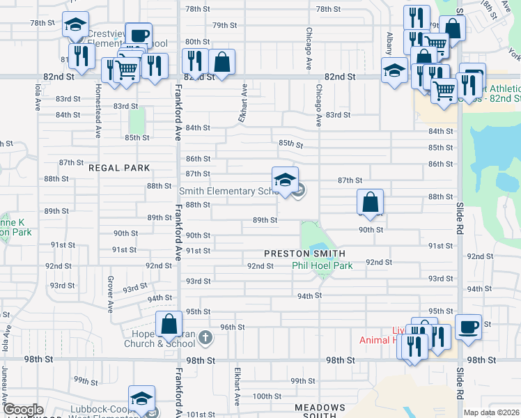 map of restaurants, bars, coffee shops, grocery stores, and more near 5603 88th Street in Lubbock