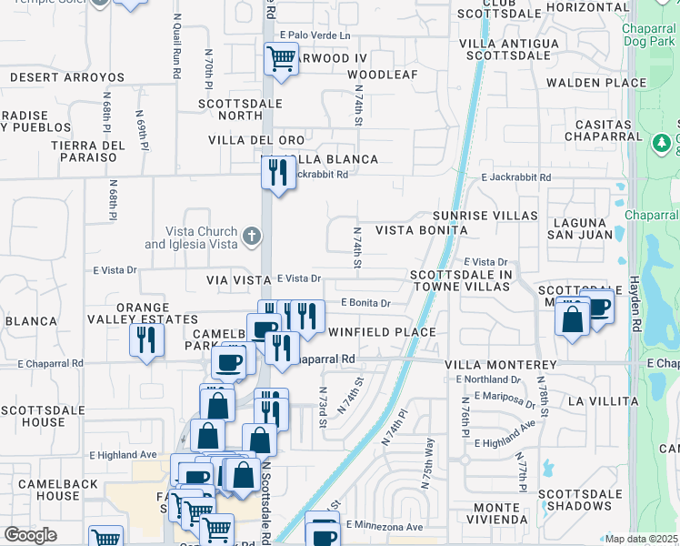 map of restaurants, bars, coffee shops, grocery stores, and more near 7318 East Vista Drive in Scottsdale