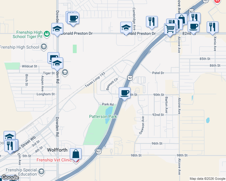 map of restaurants, bars, coffee shops, grocery stores, and more near 38 Bennett Circle in Wolfforth