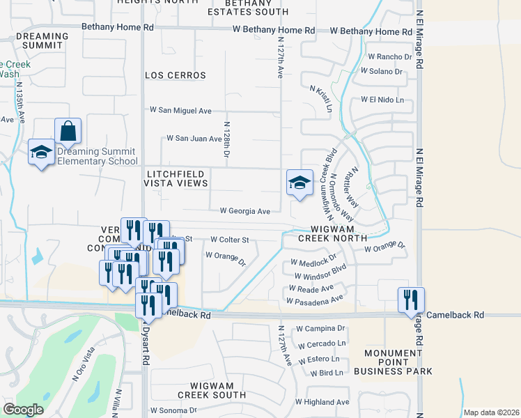 map of restaurants, bars, coffee shops, grocery stores, and more near 12714 West Georgia Avenue in Litchfield Park