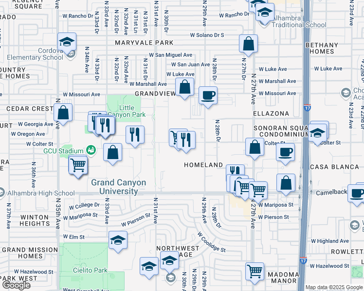 map of restaurants, bars, coffee shops, grocery stores, and more near 2947 West Colter Street in Phoenix