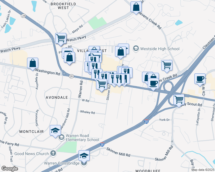 map of restaurants, bars, coffee shops, grocery stores, and more near 3100 Washington Rd in Augusta