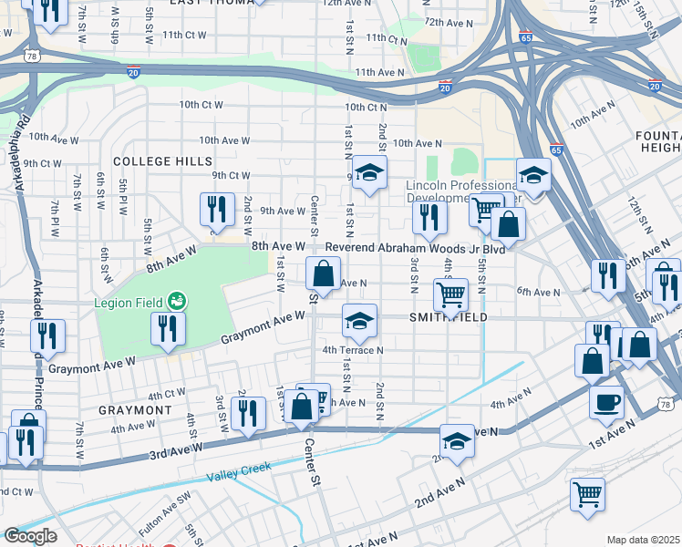 map of restaurants, bars, coffee shops, grocery stores, and more near 604 1st Street West in Birmingham