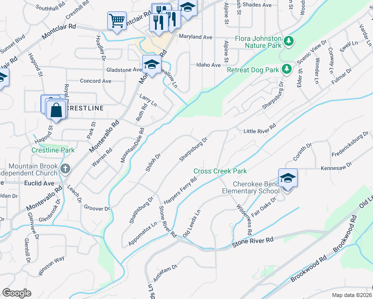 map of restaurants, bars, coffee shops, grocery stores, and more near 1698 Sharpsburg Lane in Mountain Brook