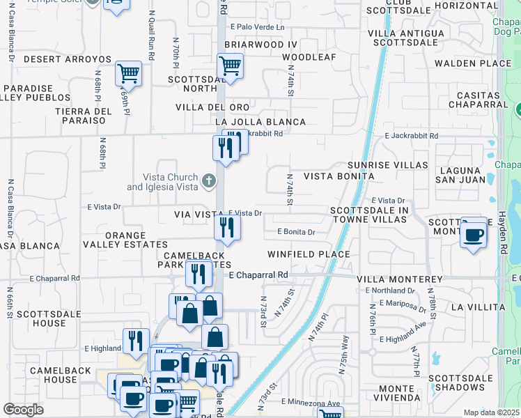 map of restaurants, bars, coffee shops, grocery stores, and more near 7242 East Vista Drive in Scottsdale