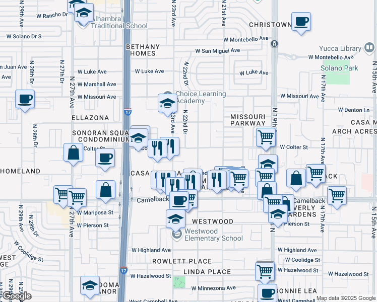 map of restaurants, bars, coffee shops, grocery stores, and more near 2205 West Colter Street in Phoenix