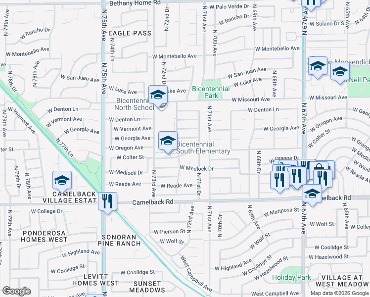 map of restaurants, bars, coffee shops, grocery stores, and more near 5212 N 71st Ln in Glendale