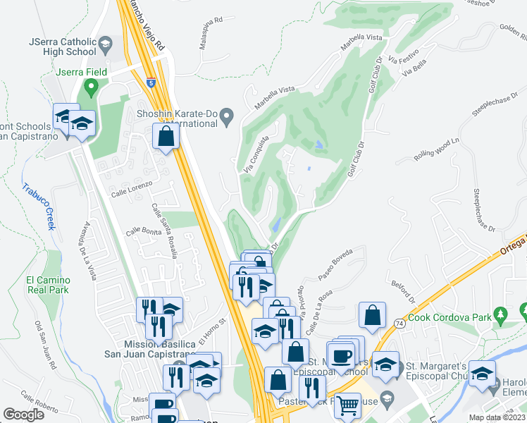 map of restaurants, bars, coffee shops, grocery stores, and more near 30981 Via Mirador in San Juan Capistrano