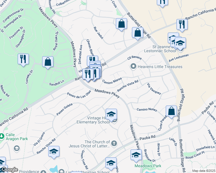 map of restaurants, bars, coffee shops, grocery stores, and more near 31976 Corte La Puenta in Temecula