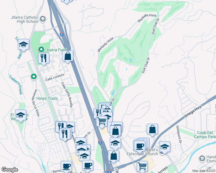 map of restaurants, bars, coffee shops, grocery stores, and more near 30981 Via Mirador in San Juan Capistrano