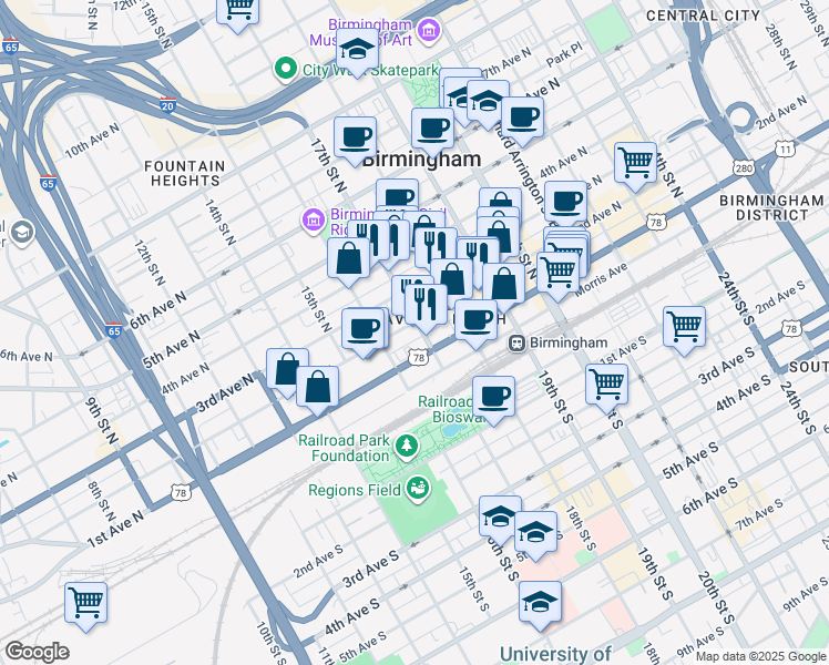 map of restaurants, bars, coffee shops, grocery stores, and more near 1623 2nd Avenue North in Birmingham
