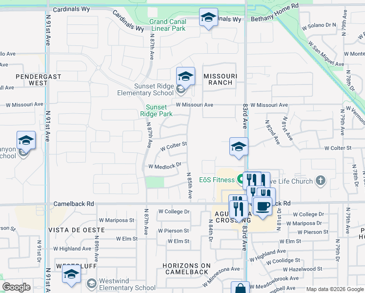 map of restaurants, bars, coffee shops, grocery stores, and more near 8515 West Colter Street in Glendale