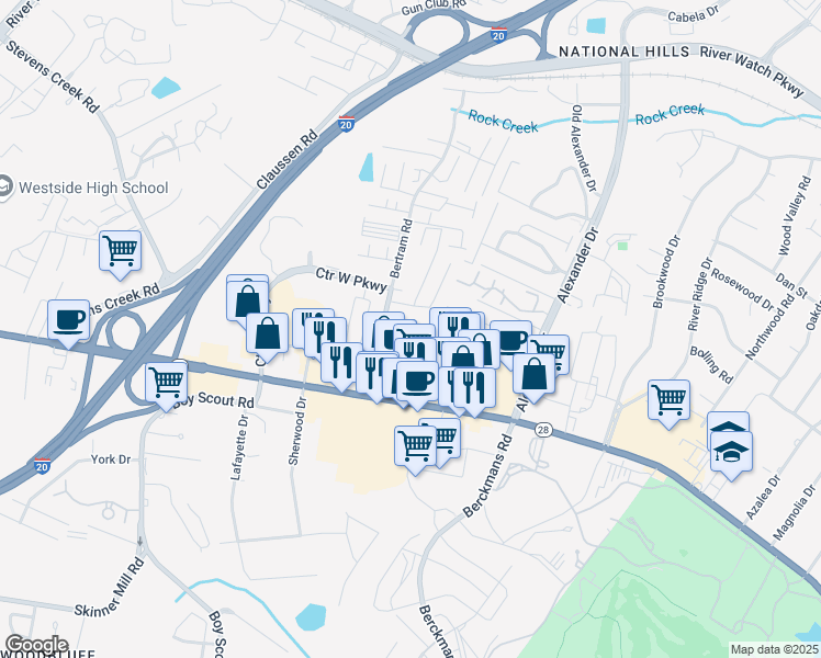 map of restaurants, bars, coffee shops, grocery stores, and more near 1070 Bertram Road in Augusta