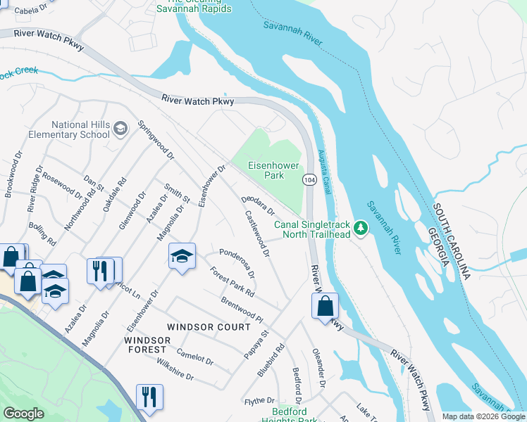 map of restaurants, bars, coffee shops, grocery stores, and more near 2433 Deodara Drive in Augusta
