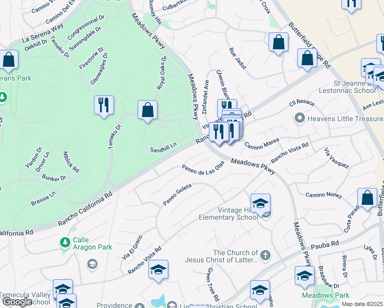 map of restaurants, bars, coffee shops, grocery stores, and more near 31690 Corte Tortosa in Temecula