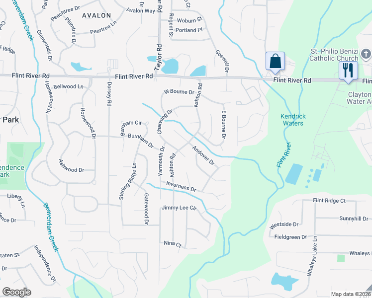 map of restaurants, bars, coffee shops, grocery stores, and more near 8886 Ashton Road in Jonesboro