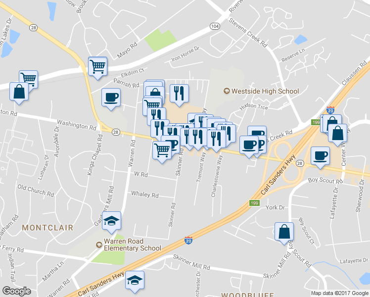 map of restaurants, bars, coffee shops, grocery stores, and more near 3066 Washington Road in Augusta