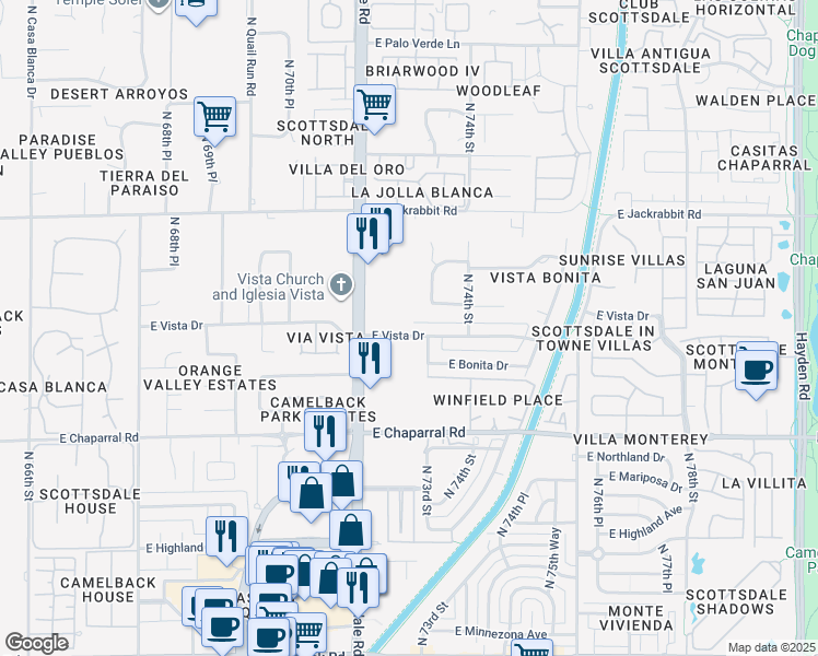 map of restaurants, bars, coffee shops, grocery stores, and more near 7242 East Vista Drive in Scottsdale