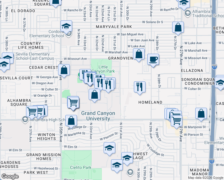 map of restaurants, bars, coffee shops, grocery stores, and more near 32nd Avenue in Phoenix