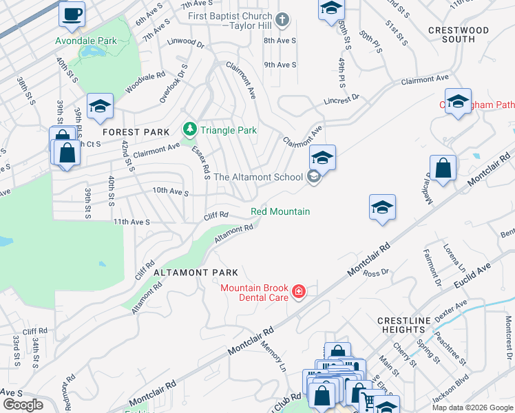 map of restaurants, bars, coffee shops, grocery stores, and more near 4370 Cliff Road in Birmingham
