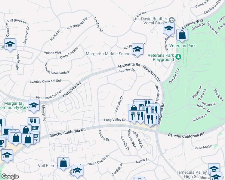 map of restaurants, bars, coffee shops, grocery stores, and more near 30361 Tradewater Court in Temecula