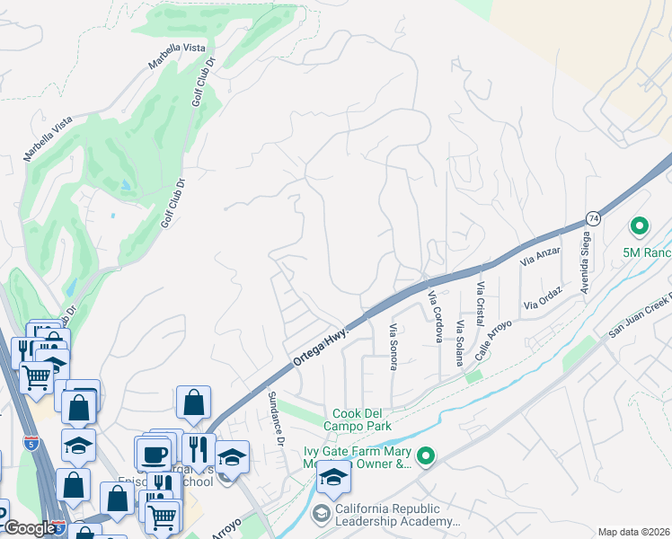 map of restaurants, bars, coffee shops, grocery stores, and more near 30932 Steeplechase Drive in San Juan Capistrano