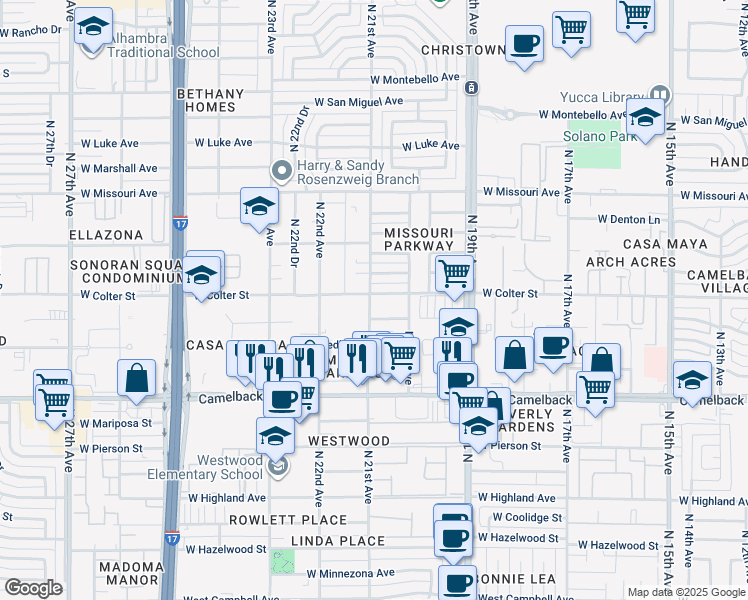 map of restaurants, bars, coffee shops, grocery stores, and more near 2045 West Colter Street in Phoenix