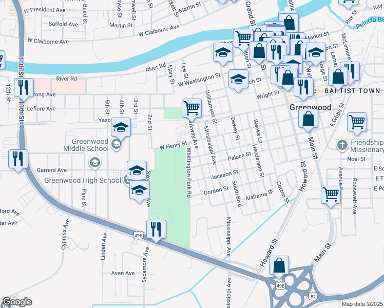 map of restaurants, bars, coffee shops, grocery stores, and more near 710 Parkway Avenue in Greenwood