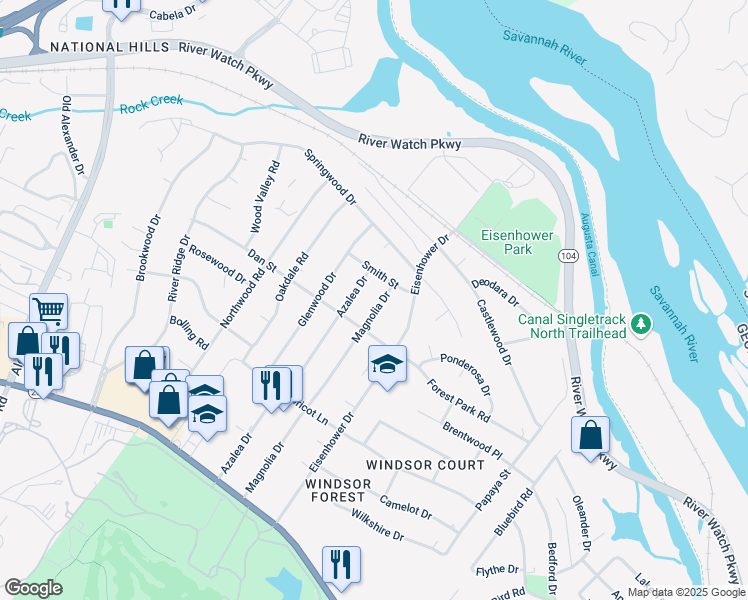 map of restaurants, bars, coffee shops, grocery stores, and more near 1311 Magnolia Drive in Augusta