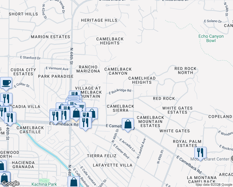 map of restaurants, bars, coffee shops, grocery stores, and more near 4545 East Rockridge Road in Phoenix