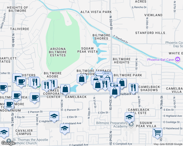 map of restaurants, bars, coffee shops, grocery stores, and more near 79 Biltmore Estates Drive in Phoenix