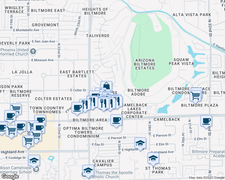 map of restaurants, bars, coffee shops, grocery stores, and more near 5215 North 24th Street in Phoenix