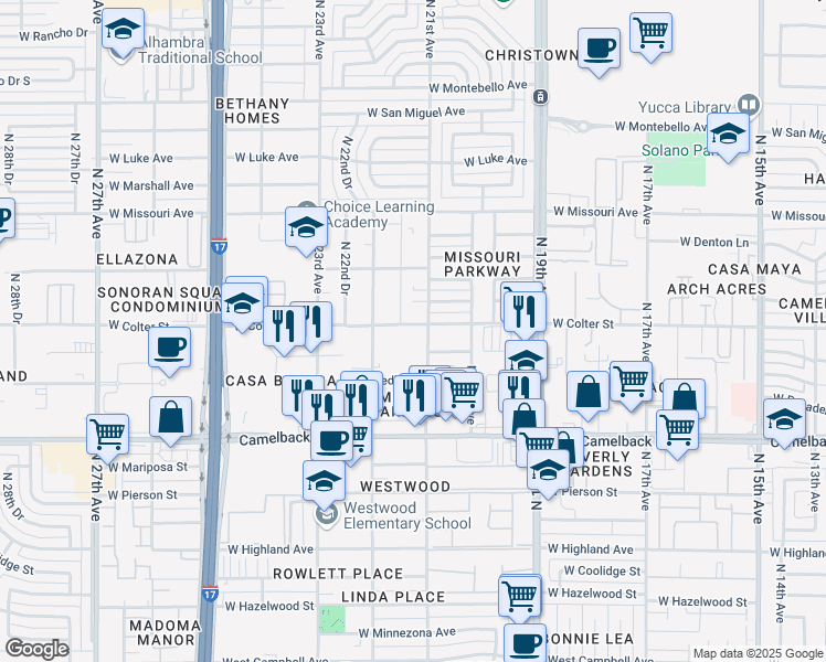 map of restaurants, bars, coffee shops, grocery stores, and more near 2045 West Colter Street in Phoenix
