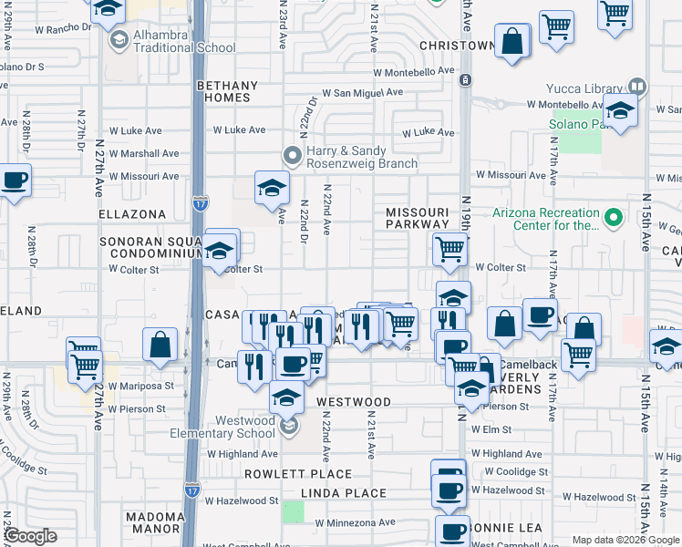 map of restaurants, bars, coffee shops, grocery stores, and more near 2133 West Colter Street in Phoenix