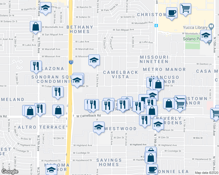 map of restaurants, bars, coffee shops, grocery stores, and more near 2205 West Colter Street in Phoenix