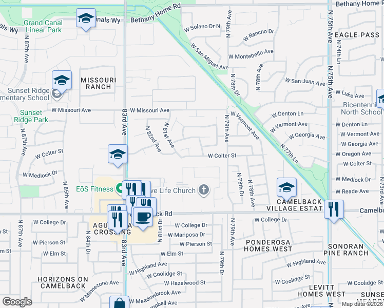 map of restaurants, bars, coffee shops, grocery stores, and more near 8010 West Colter Street in Glendale