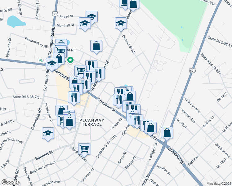 map of restaurants, bars, coffee shops, grocery stores, and more near 1210 Nelson Street Northeast in Orangeburg
