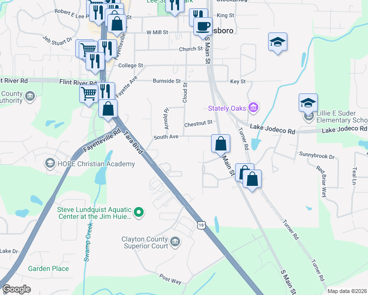 map of restaurants, bars, coffee shops, grocery stores, and more near 129 South Avenue in Jonesboro
