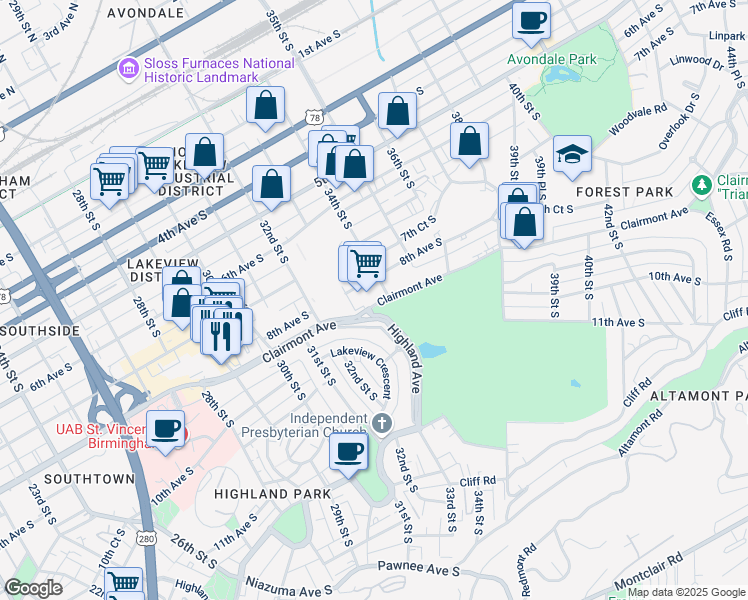 map of restaurants, bars, coffee shops, grocery stores, and more near 3330 Clairmont Avenue in Birmingham