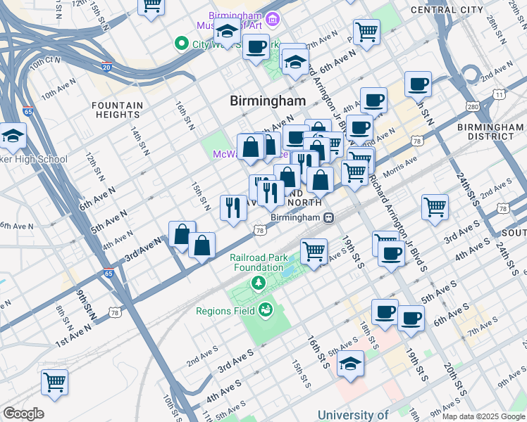map of restaurants, bars, coffee shops, grocery stores, and more near 1619 2nd Avenue North in Birmingham