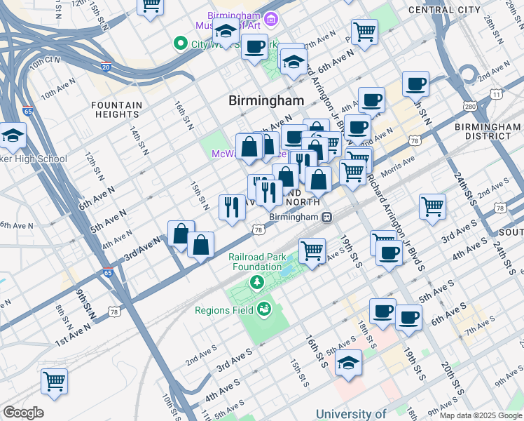 map of restaurants, bars, coffee shops, grocery stores, and more near 1623 2nd Avenue North in Birmingham