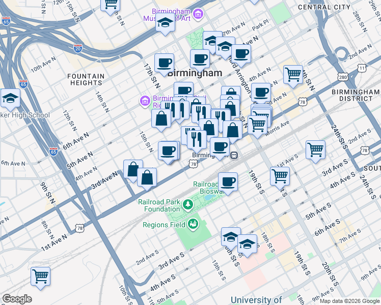 map of restaurants, bars, coffee shops, grocery stores, and more near 1619 2nd Avenue North in Birmingham